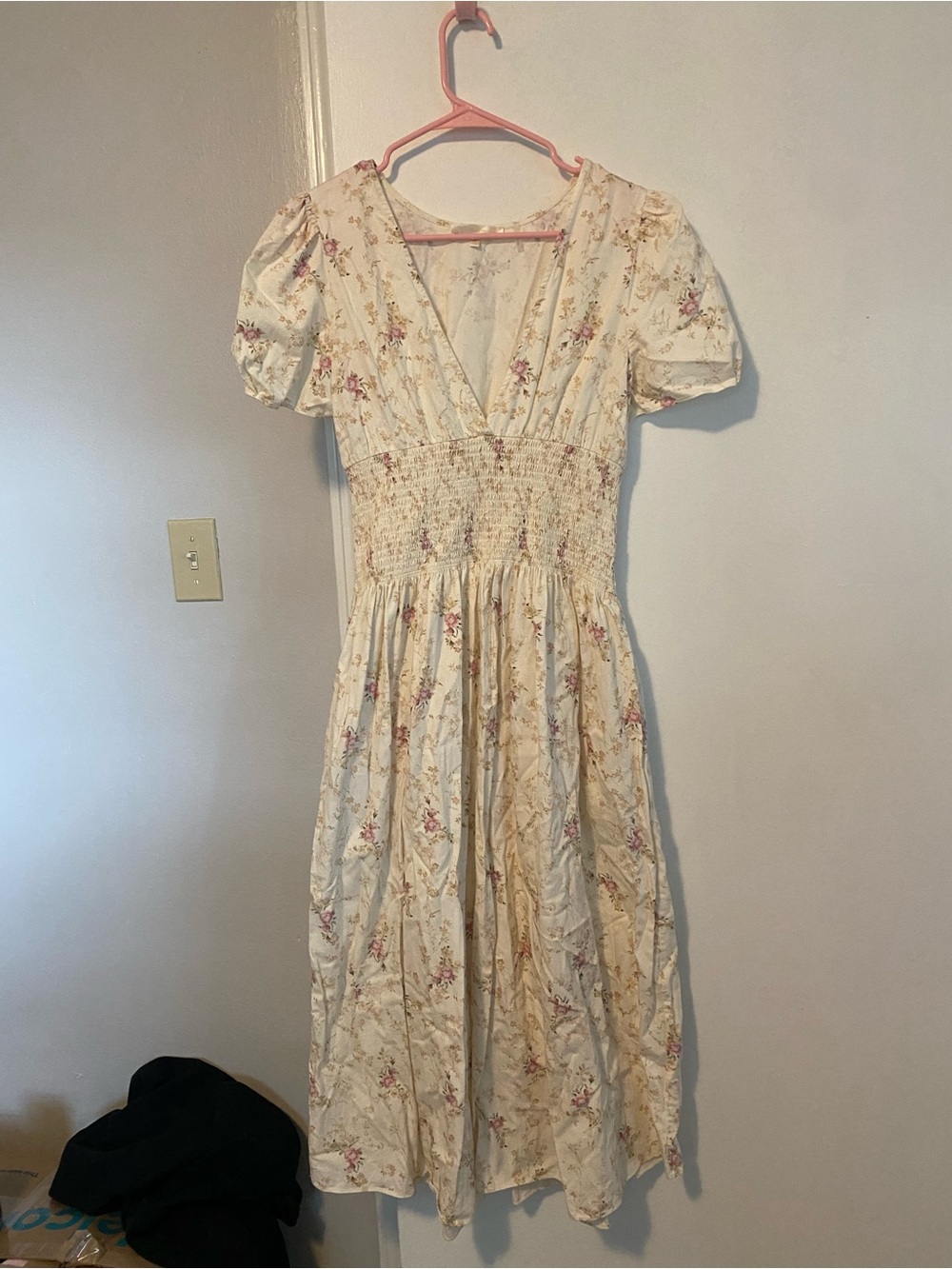 LOVESHACKFANCY Smocked Waist Floral Midi Dress in Cream with Pink Accents